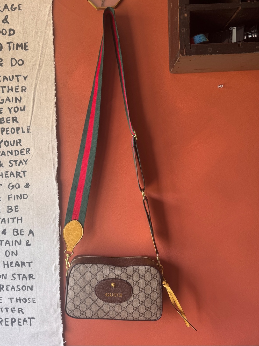 Gucci Beige GG Supreme Crossbody with Red & Green Web Strap and Yellow Accents